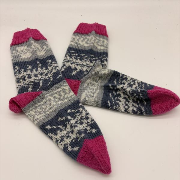 handgestrickte Socken Gr. 36/37 fuchsia-blaugrau-grau